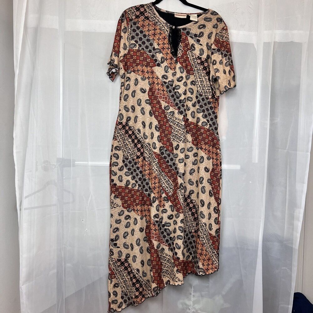 Vintage 90s Expressions mesh asymmetric maxi dress boho bandana print neutral XL